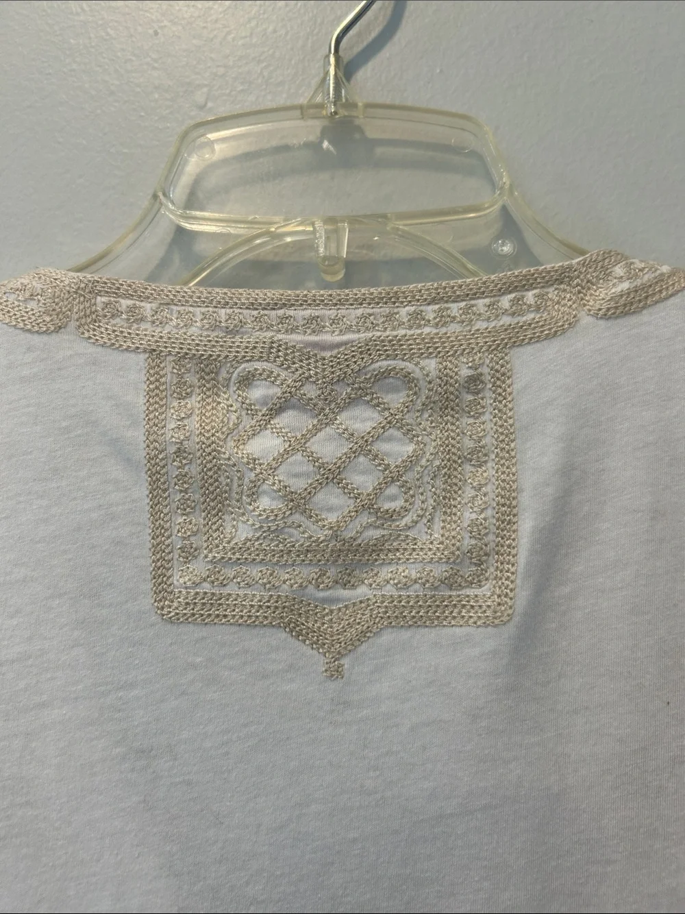 Tory Burch White Short-Sleeve V-Neck Shirt with Beige Embroidered Panel